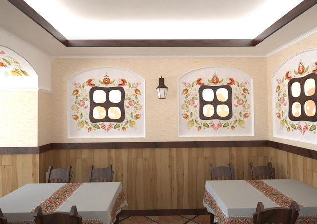 Дизайн кафе в українському стилі. Розписні ніші з "віконцами"