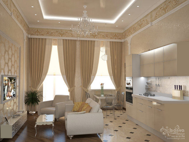 2-ярусна квартира на Саксаганського. Дизайн вітальні-кухні