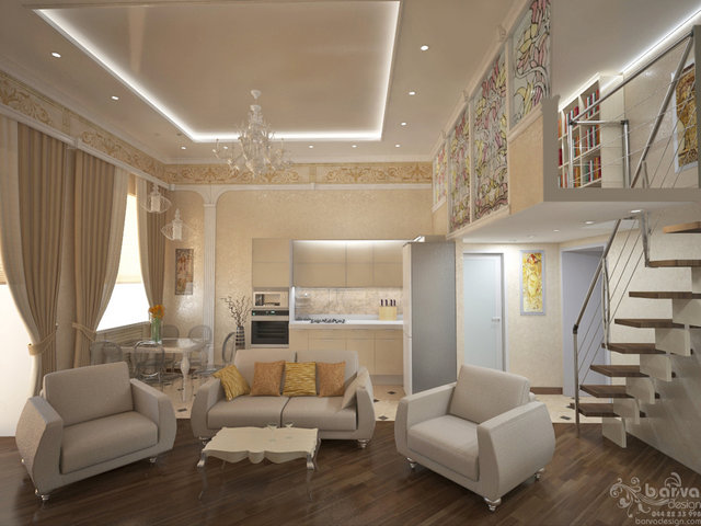 2-ярусна квартира на Саксаганського. Дизайн вітальні-кухні і кабінету на другому ярусі