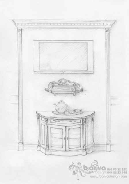 Будинок в Крюківщині. Ескіз дизайну чайного столику і полиці