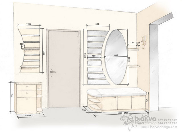 Ескіз передпокою в кольорі і з розмірами